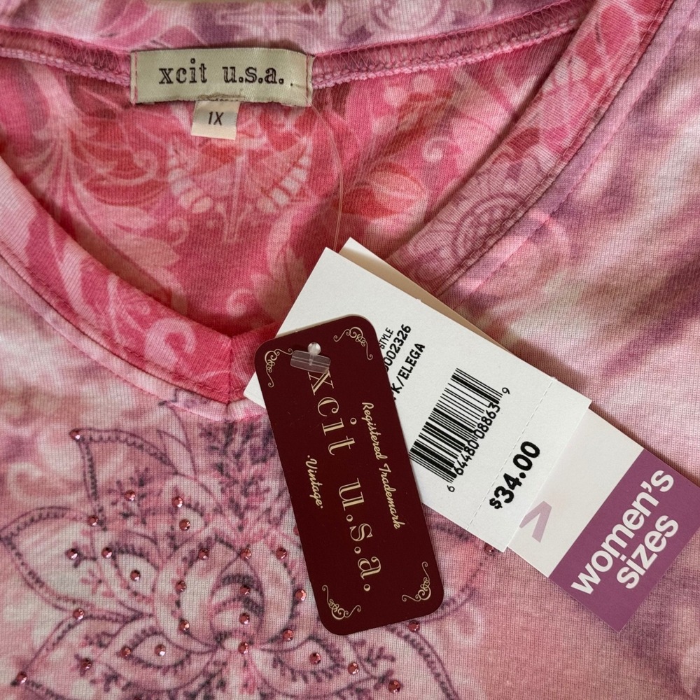 Xcit USA Women's 1X Pink Tie Dye Floral Rhinestone 3/4 Sleeve Top 6000-2326NH - Picture 3 of 5